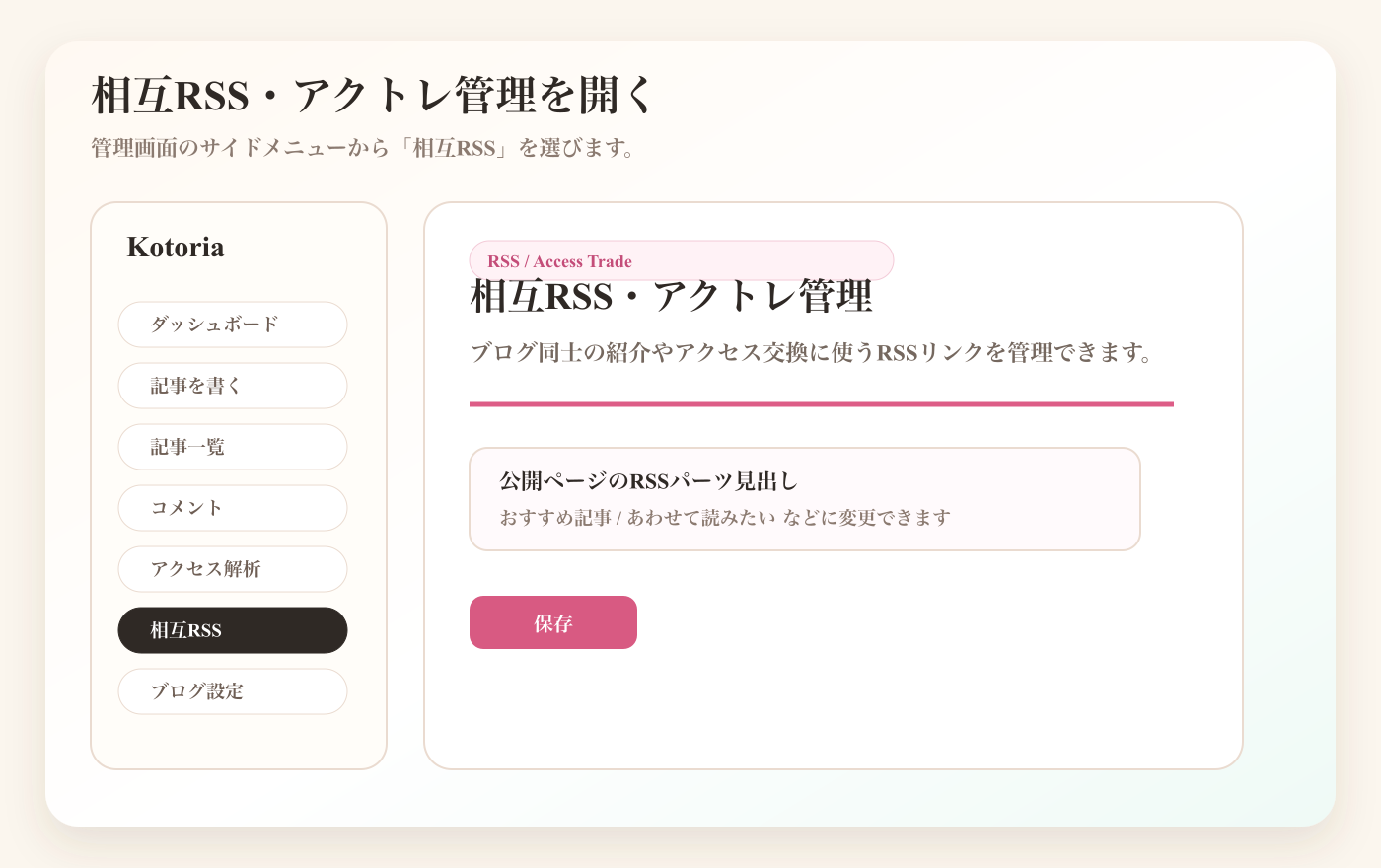 Kotoriaの相互RSS・アクトレ管理画面を開く手順