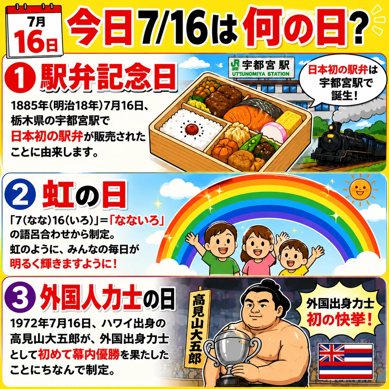 【7月16日は何の日？】🍱駅弁記念日 🌈虹の日 🤼外国人力士の日のサムネイル