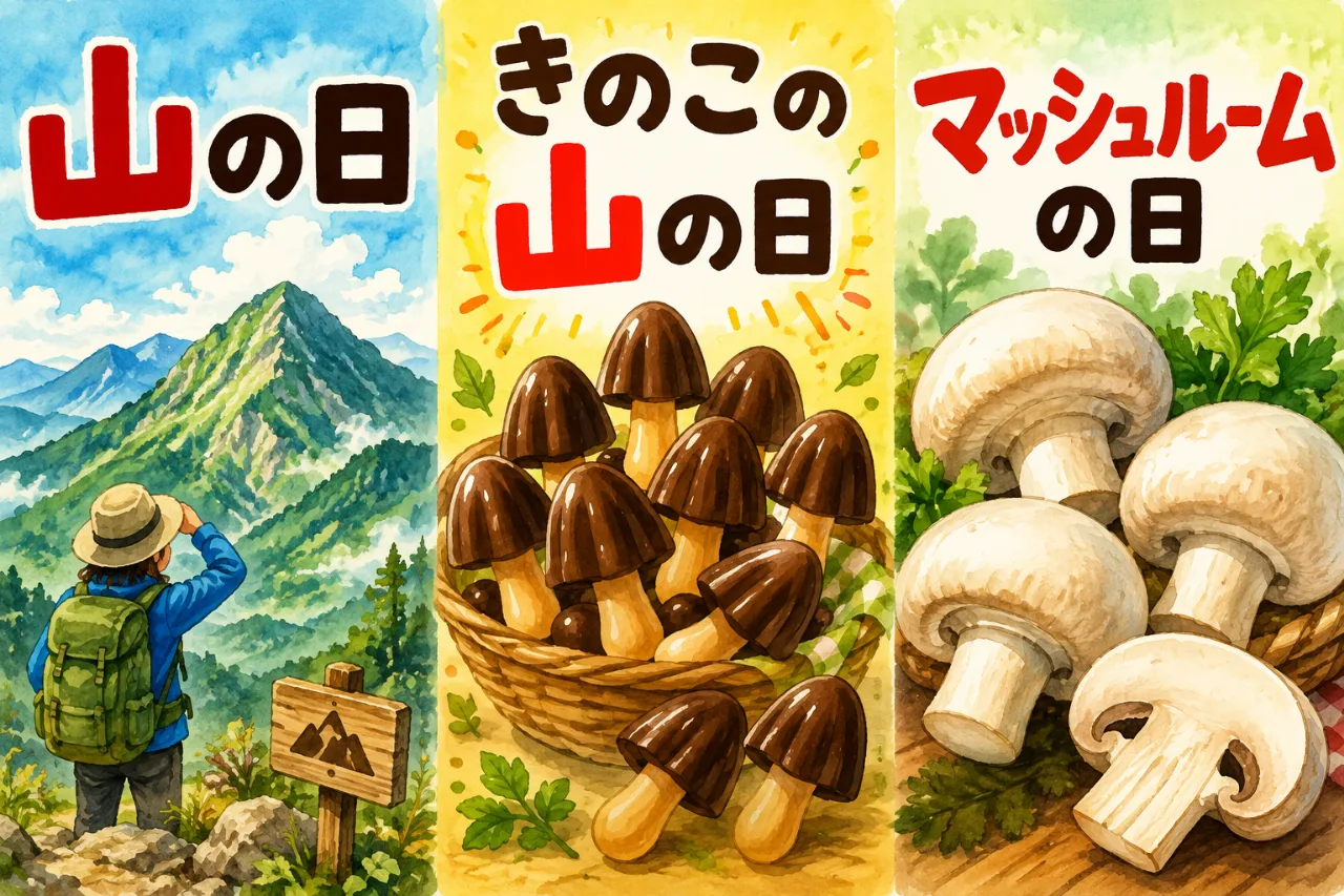 【8月11日は何の日？】🏔️山の日🍄きのこの山の日🍄マッシュルームの日のサムネイル