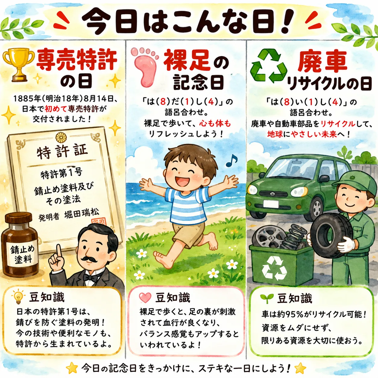 【8月14日は何の日？】⚙️専売特許の日🦶裸足の記念日🚗廃車リサイクルの日のサムネイル