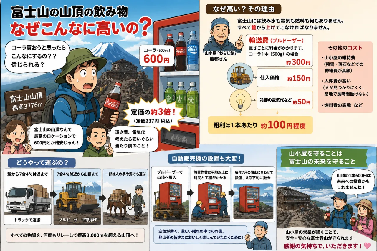 【🥤コーラ1本600円!?】🗻富士山頂の自販機に驚きの声😳実は“高い”にはワケがあった💡のサムネイル