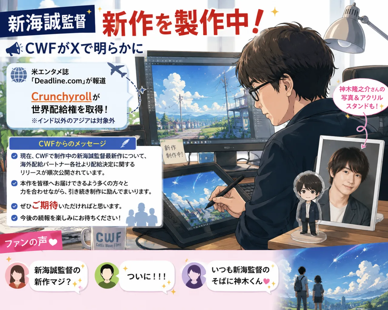 【🎬新海誠監督の新作ｷﾀ━(ﾟ∀ﾟ)━!】✨CWFが制作中と発表「今後の続報を楽しみに」のサムネイル