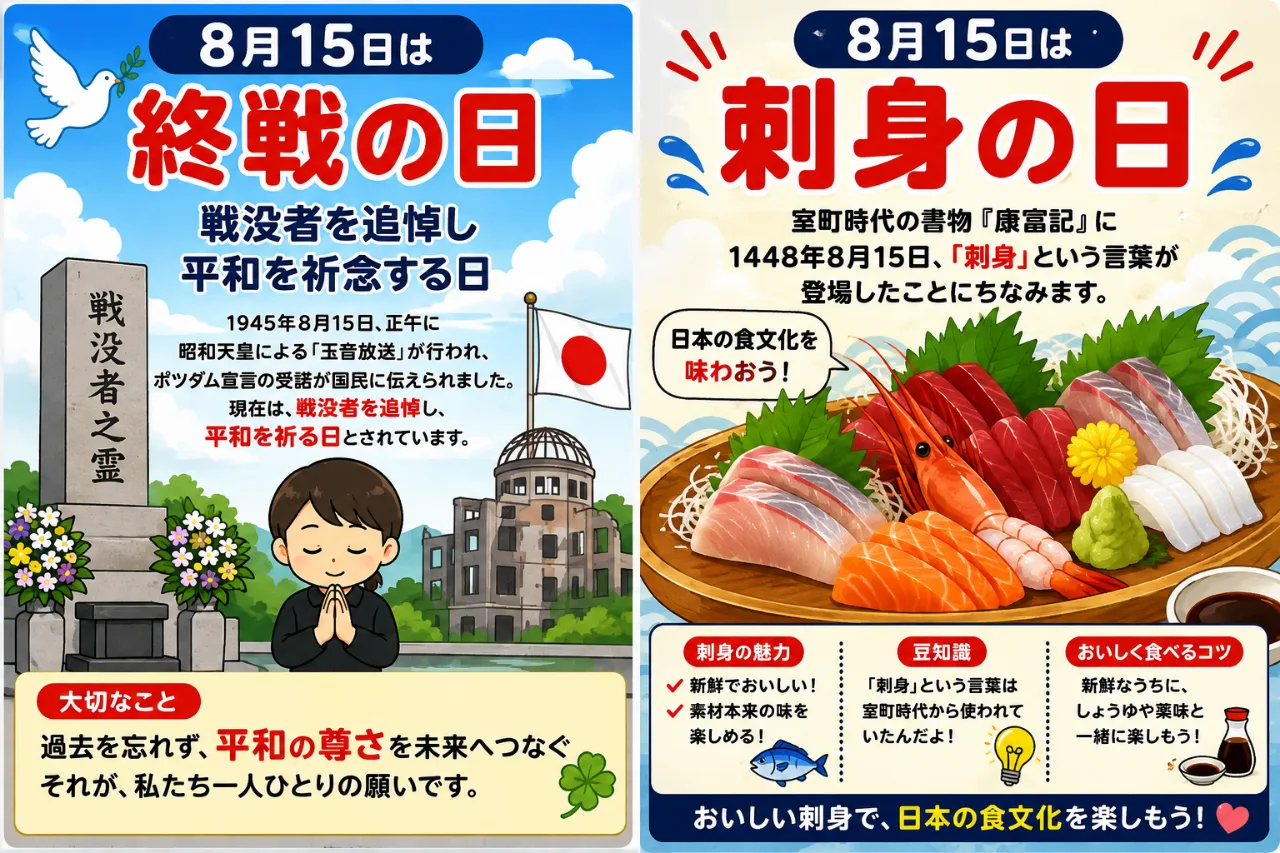 【8月15日は何の日？】🕊️終戦の日🐟刺身の日のサムネイル