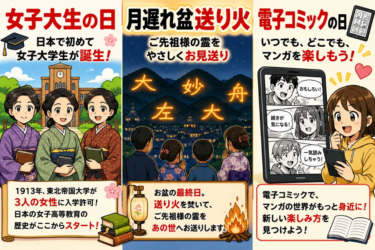 【8月16日は何の日？】🎓女子大生の日🔥月遅れ盆送り火📱電子コミックの日のサムネイル