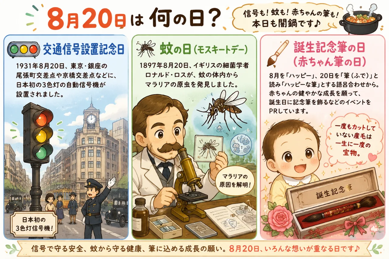 【8月20日は何の日？】🚦交通信号設置記念日🦟蚊の日👶誕生記念筆の日のサムネイル