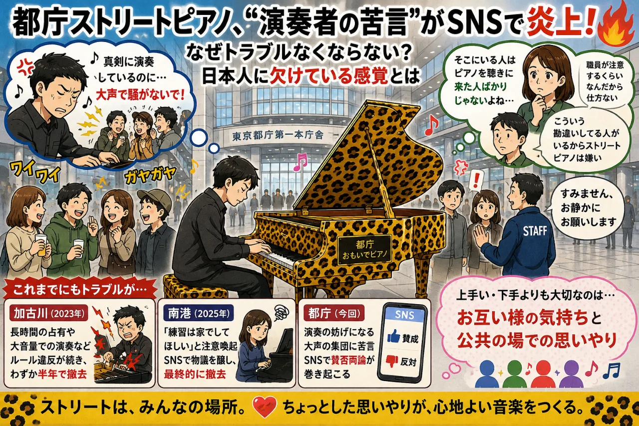 【🎹都庁ストリートピアノで騒動！🔥】「それがストリートでは？」演奏者の苦言にSNS賛否…公共の場に必要な“お互い様”とは？のサムネイル