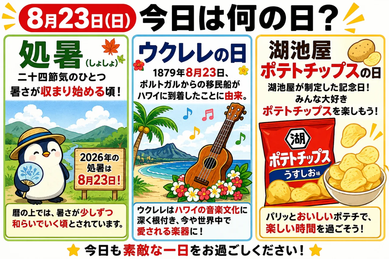 【8月23日は何の日？】🍂処暑🎸🌺ウクレレの日🥔湖池屋ポテトチップスの日のサムネイル