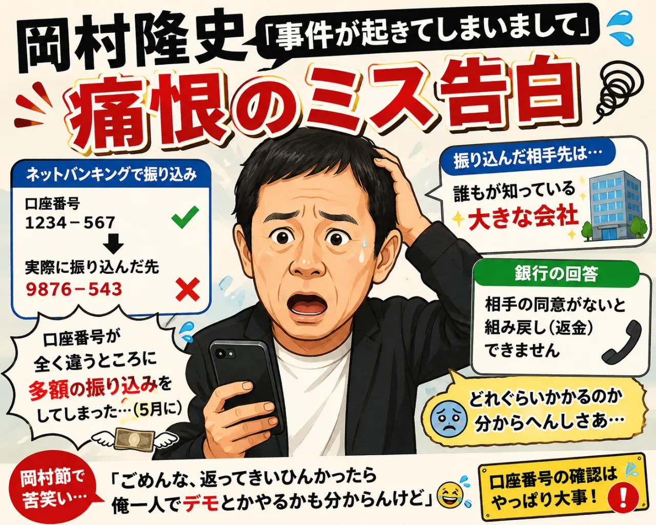 【💸😱 岡村隆史・痛恨の振込ミス！】「口座番号が全く違うところに」多額送金でまさかの事態のサムネイル