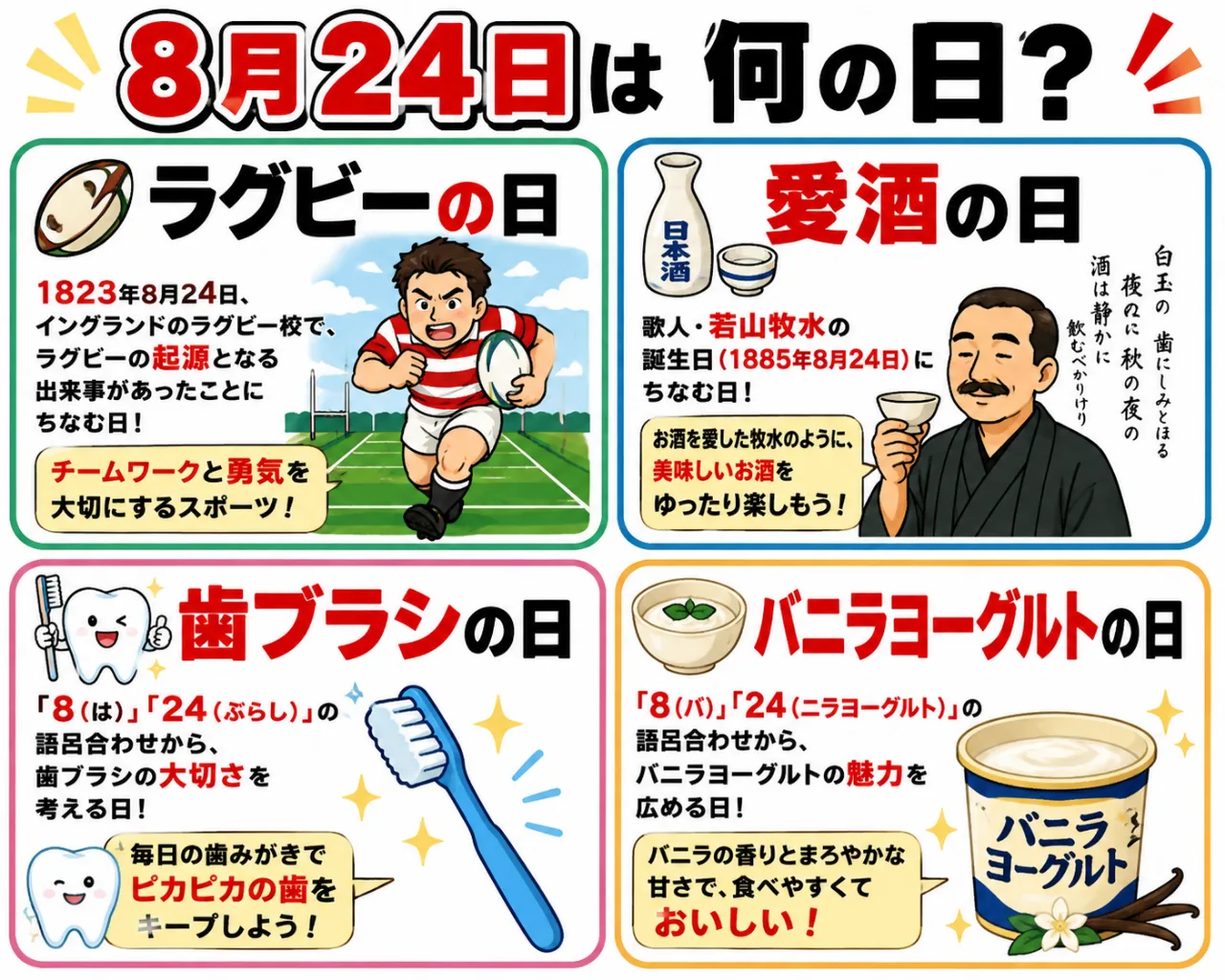 【8月24日は何の日？】🏉ラグビーの日🍶愛酒の日🦷歯ブラシの日🥣バニラヨーグルトの日のサムネイル