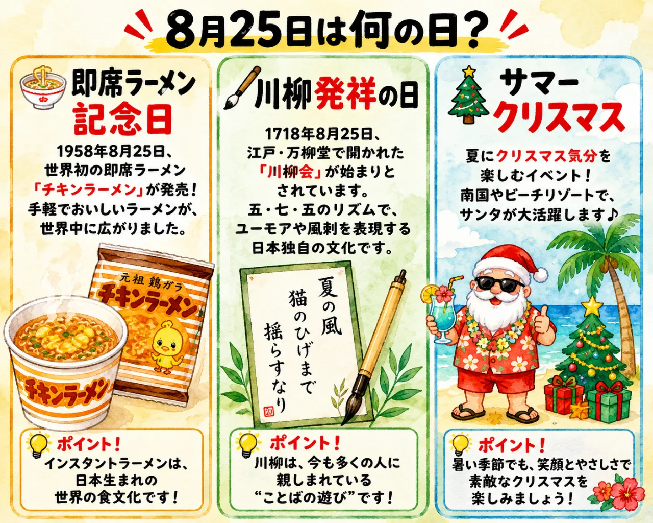 【8月25日は何の日？】🍜即席ラーメン記念日🖋️川柳発祥の日🎄サマークリスマスのサムネイル