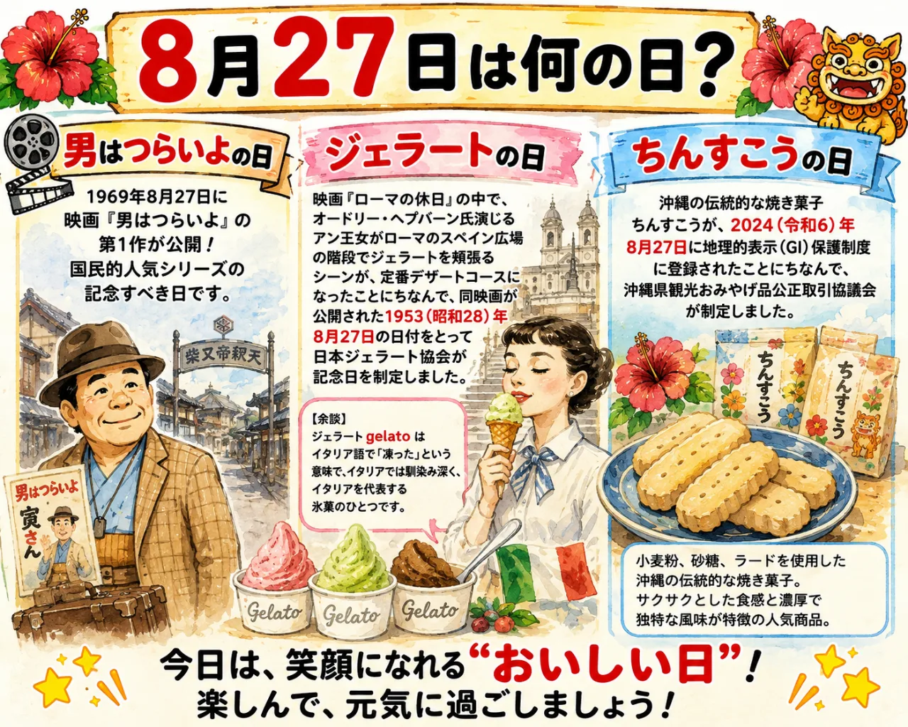 【8月27日は何の日？】🎬男はつらいよの日🍨ジェラートの日🌺ちんすこうの日のサムネイル