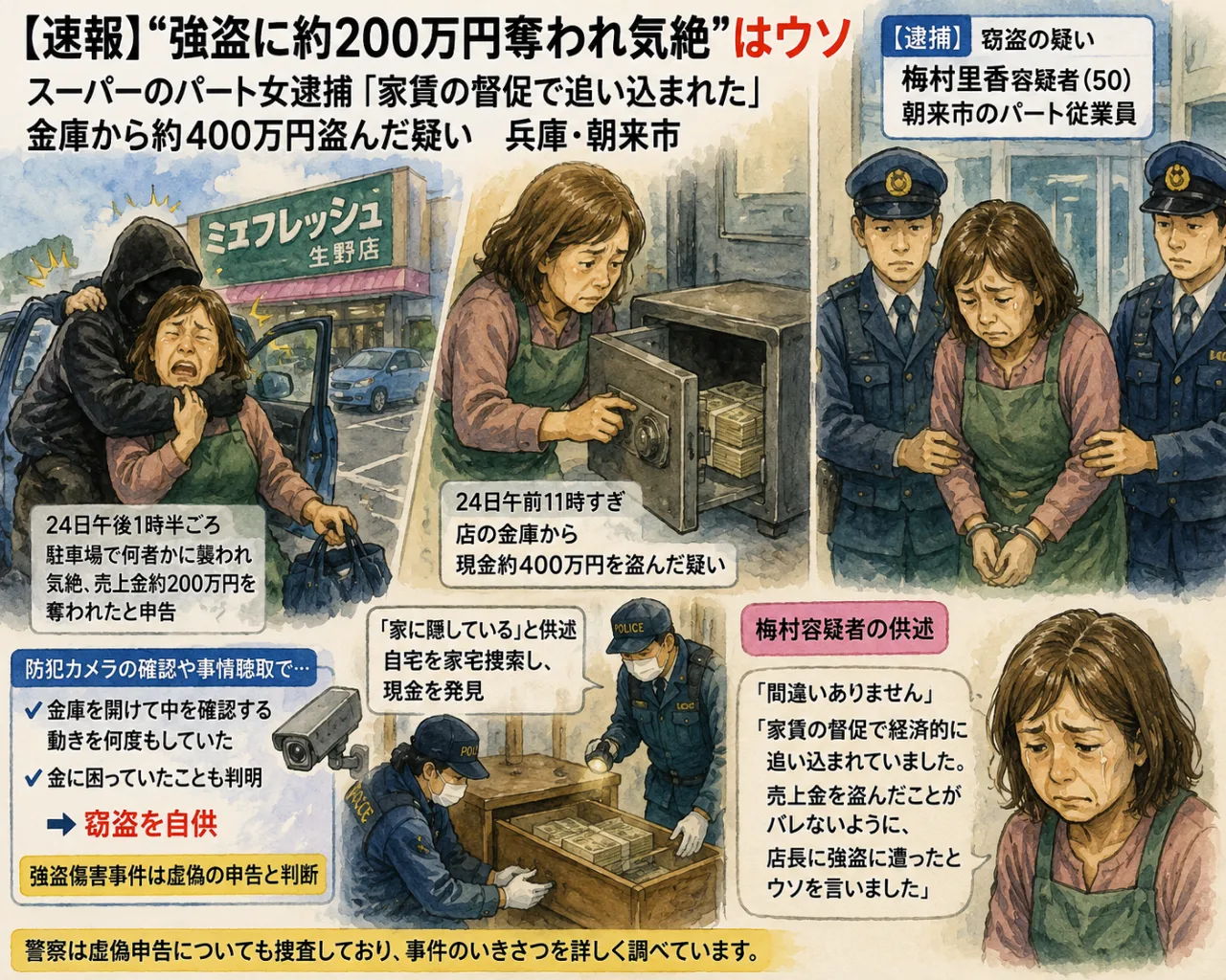 🚨「強盗に200万円奪われた」→まさかの自作自演！？😱 金庫から約400万円…パート従業員を逮捕💰のサムネイル