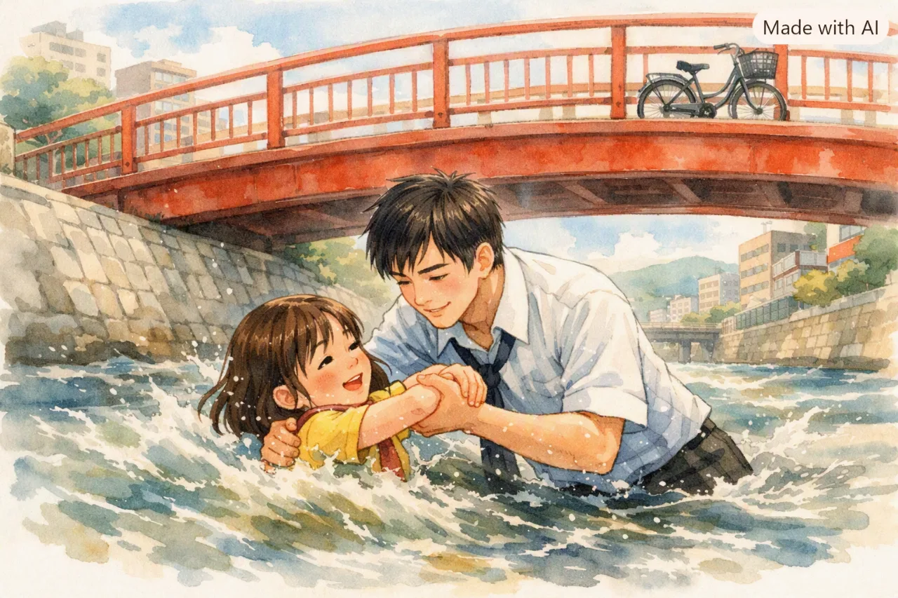 🦸‍♂️🌊「考える暇はなかった」高校生が川へ！流される小2女児を救助🚲✨のサムネイル
