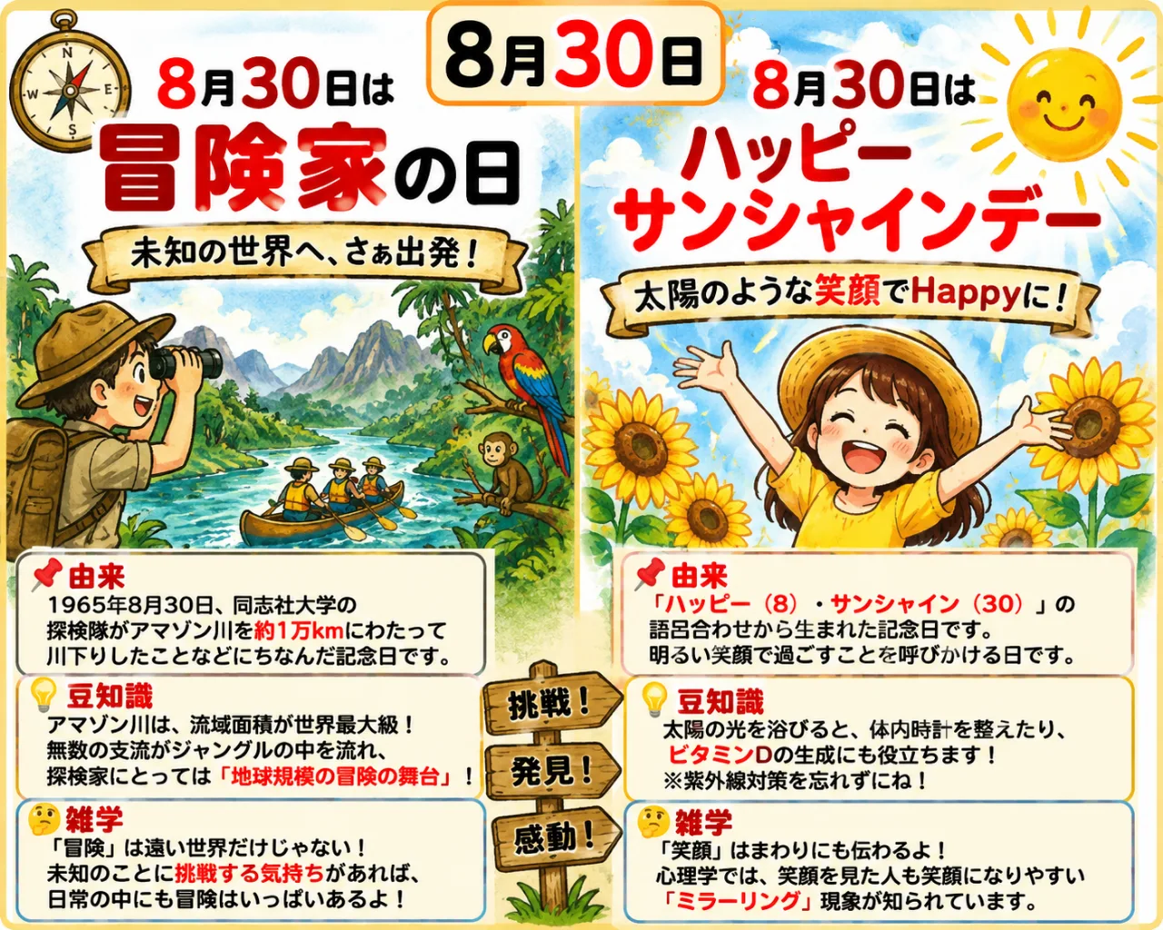 【8月30日は何の日？】🧭冒険家の日☀️ハッピーサンシャインデーのサムネイル