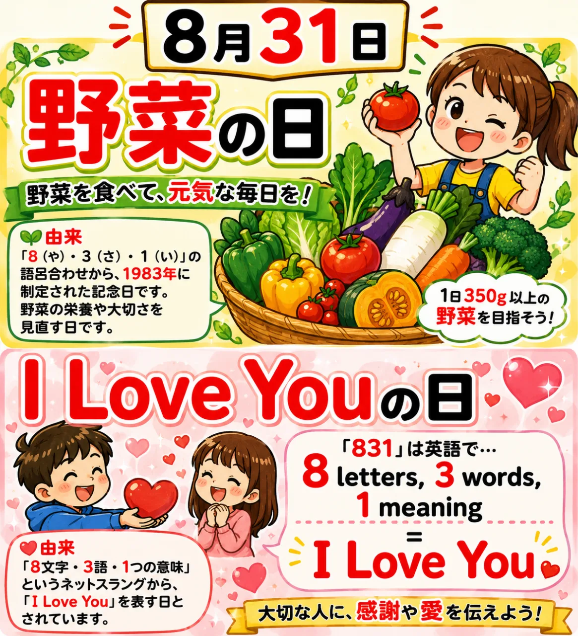 【8月31日は何の日？】🥬野菜の日❤️I Love Youの日のサムネイル