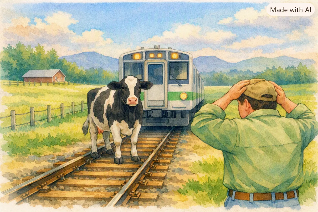 【🐄まさかの珍客】牛が線路を完全占拠！列車が80分立ち往生🚃最後は牧場主が捕獲のサムネイル