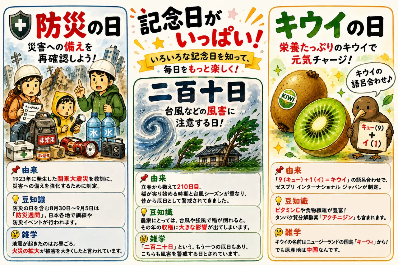 【9月1日は何の日？】🛡️防災の日🌪️二百十日🥝キウイの日のサムネイル