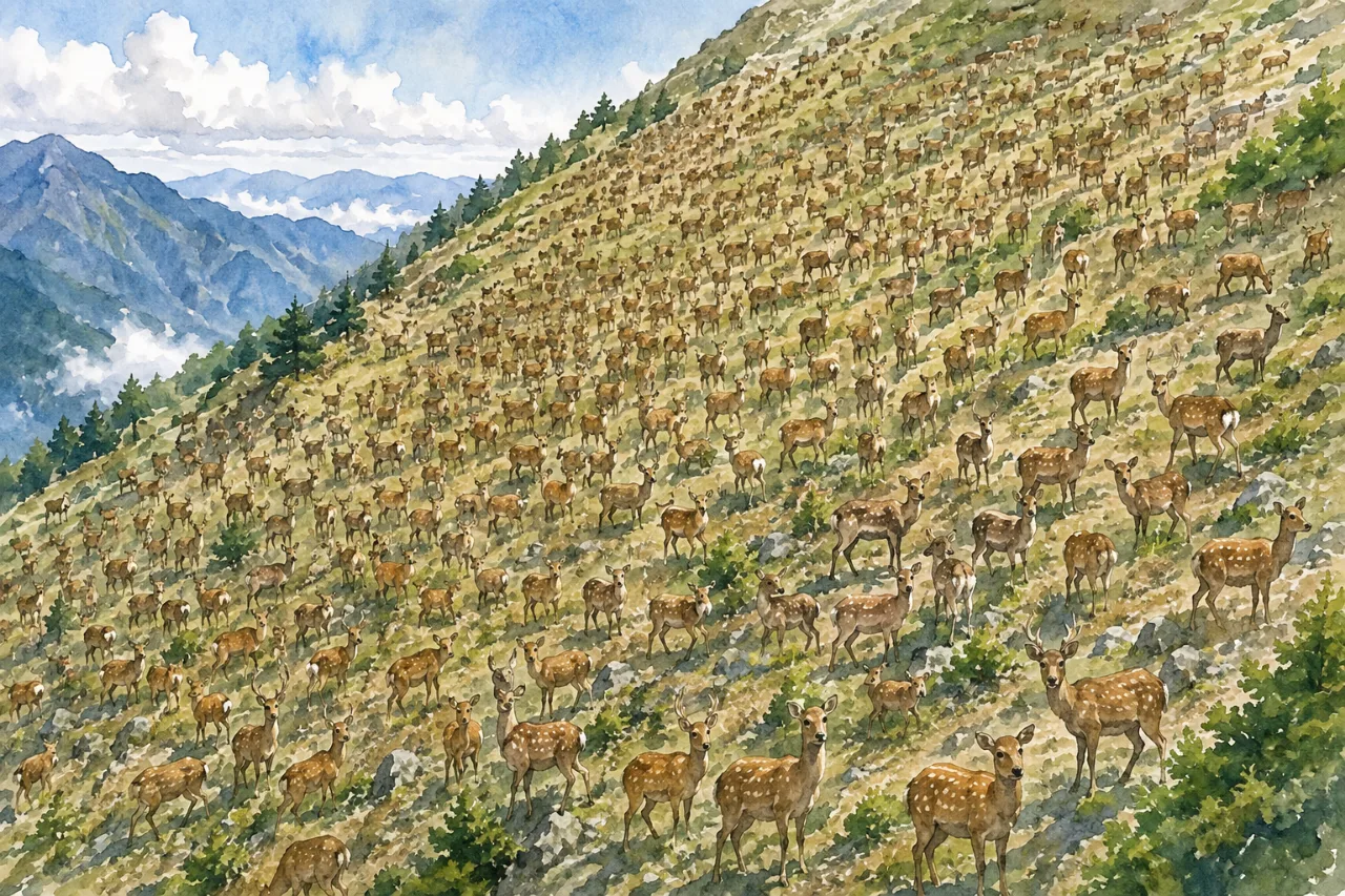 🦌🦌🦌【鹿多すぎ問題】南アルプスの山肌に約500頭…地元住民も「見たことない」😳のサムネイル