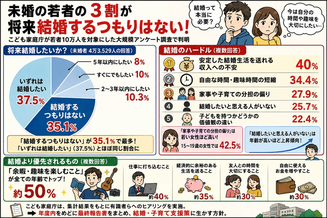 💰 「お金が不安…」😟 結婚しない若者35.1％…趣味・自由時間を優先のサムネイル