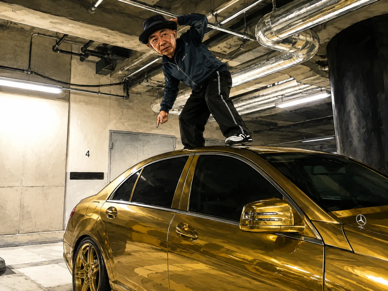 😱🚗「そこ乗る!?」ノリさん…ゴールドのベンツの屋根に乗っちゃった！💥のサムネイル