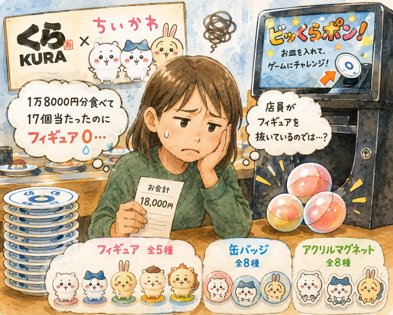 🍣💸「1万8000円食べてフィギュア0個」くら寿司×ちいかわに困惑の声…運営会社の回答は？のサムネイル