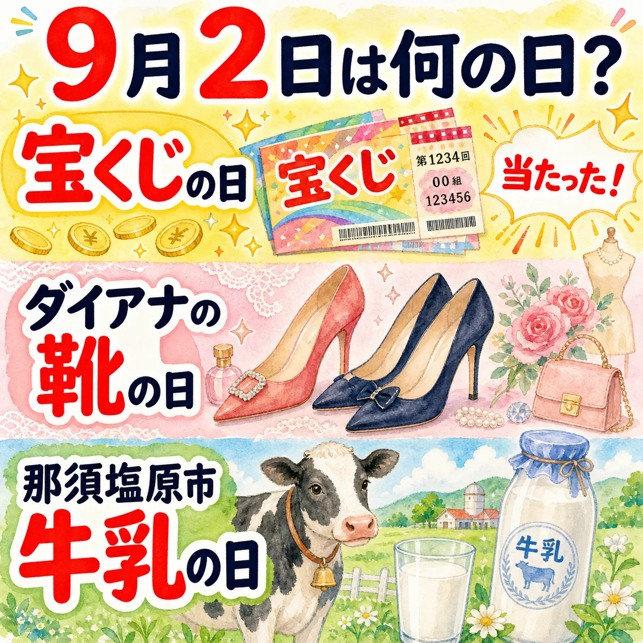 【9月2日は何の日？】🎯宝くじの日👠ダイアナの靴の日🐄那須塩原市牛乳の日のサムネイル