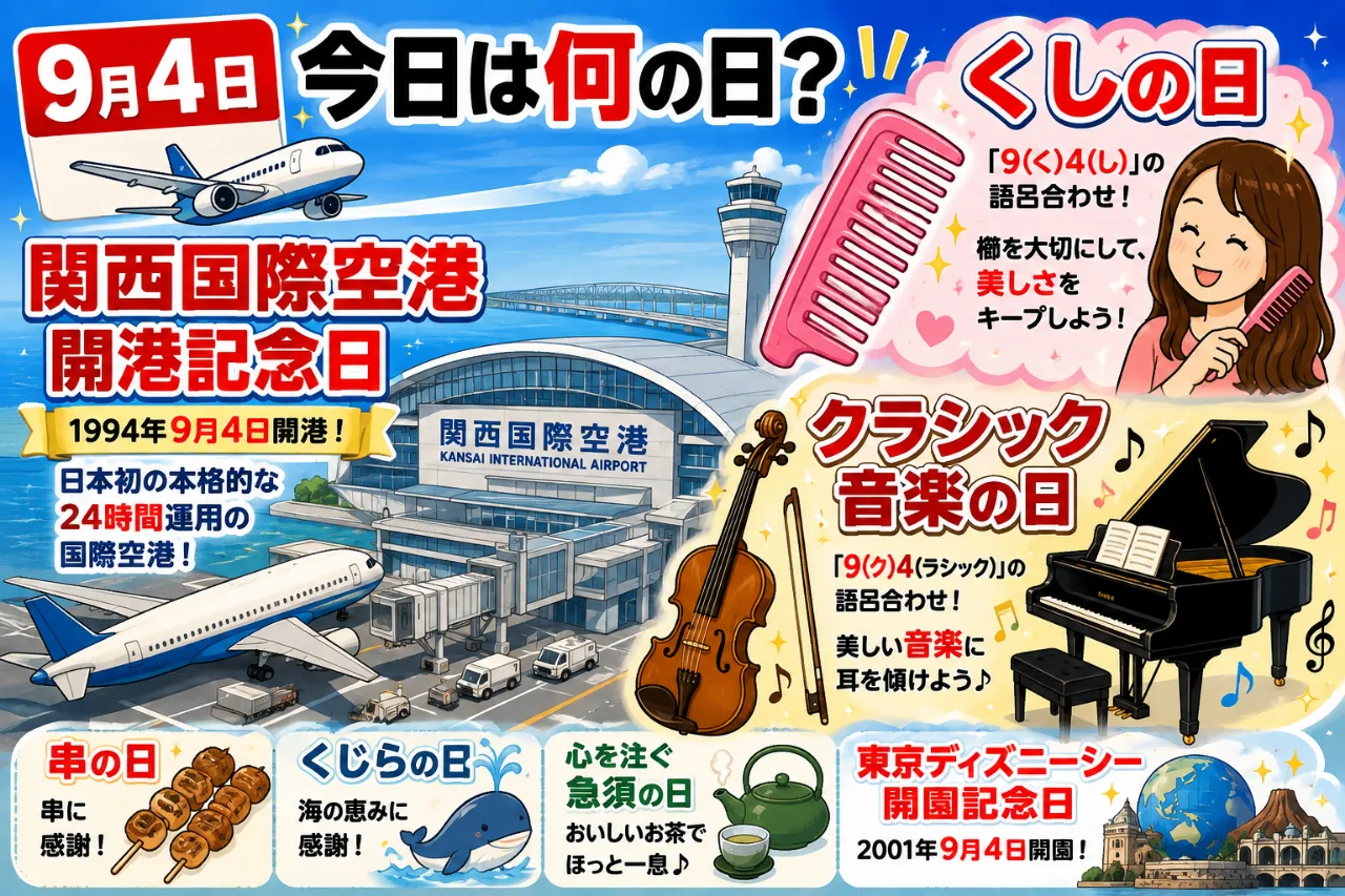 【9月4日は何の日？】✈️関西国際空港開港記念日💇くしの日🎻クラシック音楽の日のサムネイル