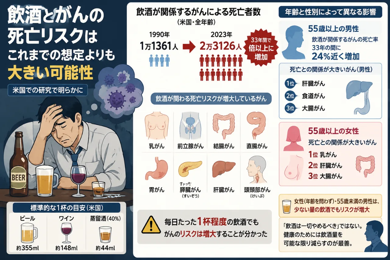 🍺⚠️【飲酒とがん】「毎日1杯」でもリスク増大…米研究で分かった驚きの実態😨のサムネイル