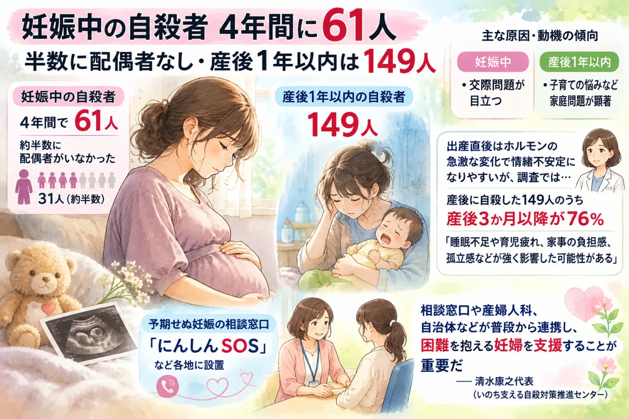 【4年間で61人…】🍼妊娠中の自死・半数に配偶者なし…産後1年以内は149人のサムネイル