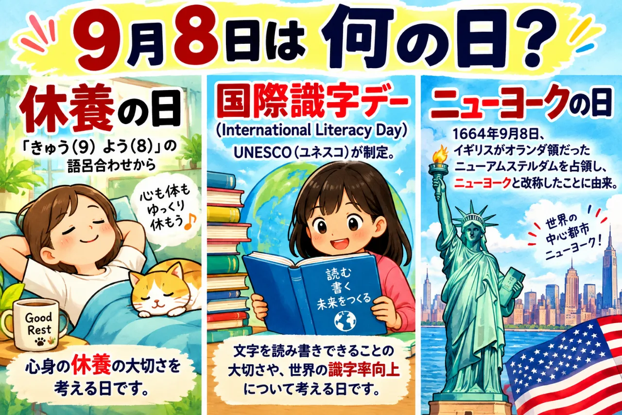 【9月8日は何の日？】🛌休養の日📚国際識字デー🗽ニューヨークの日のサムネイル