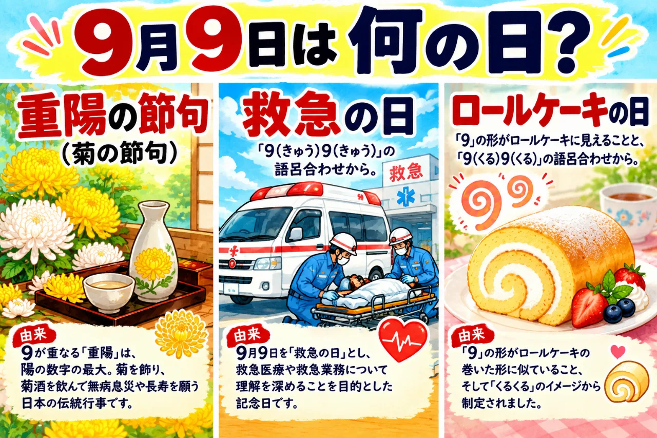 【9月9日は何の日？】🌼重陽の節句🚑救急の日🍰ロールケーキの日のサムネイル