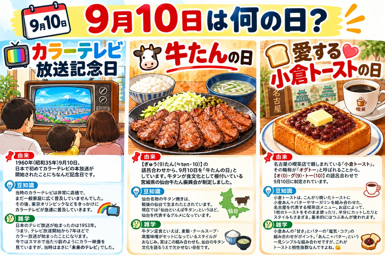 【9月10日は何の日？】📺カラーテレビ放送記念日🐄牛たんの日🍞愛する小倉トーストの日のサムネイル