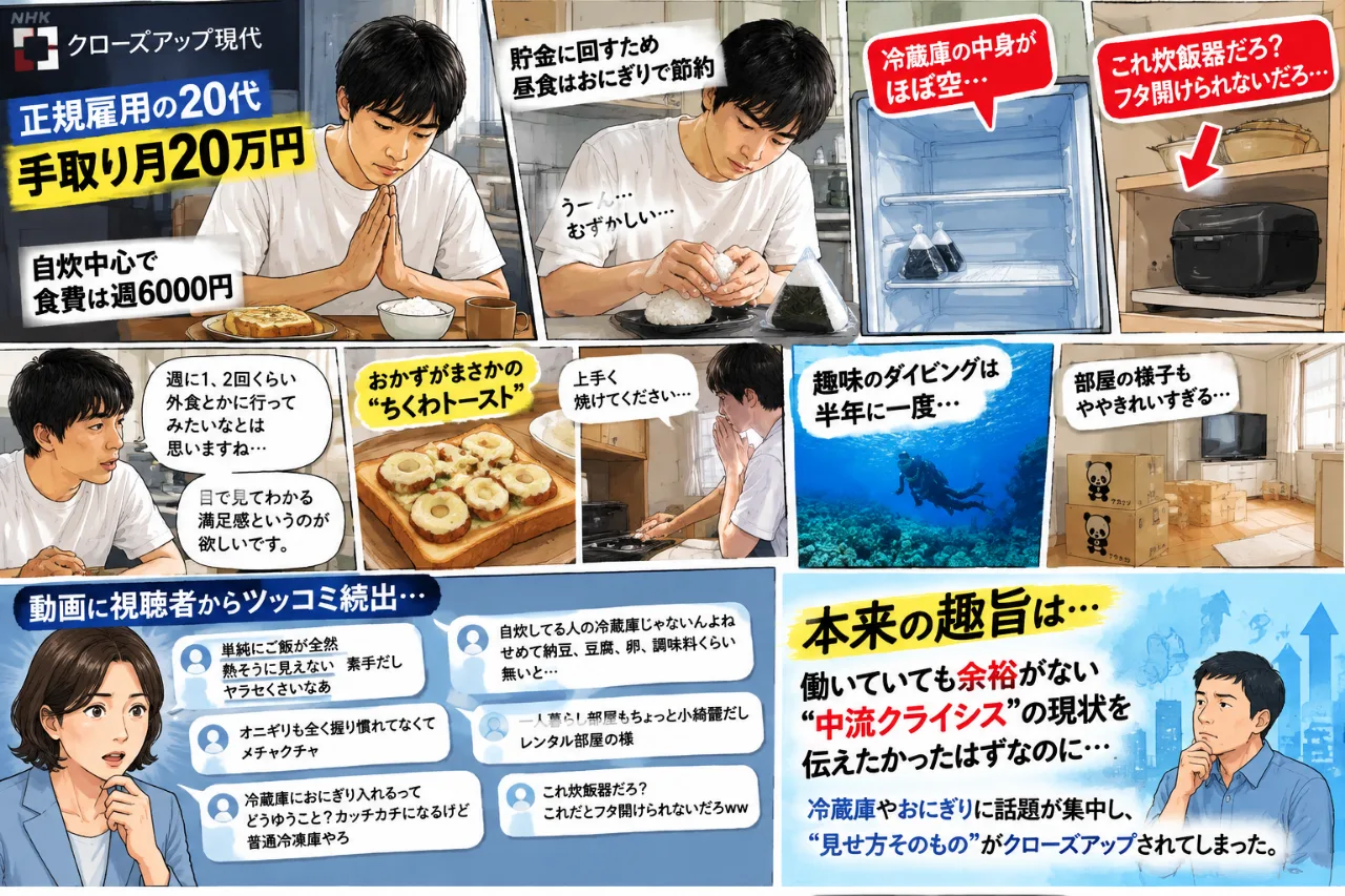 📺本来のテーマは「中流クライシス」なのに…😅『クロ現』節約男子・なぜか冷蔵庫とおにぎりが話題に…のサムネイル