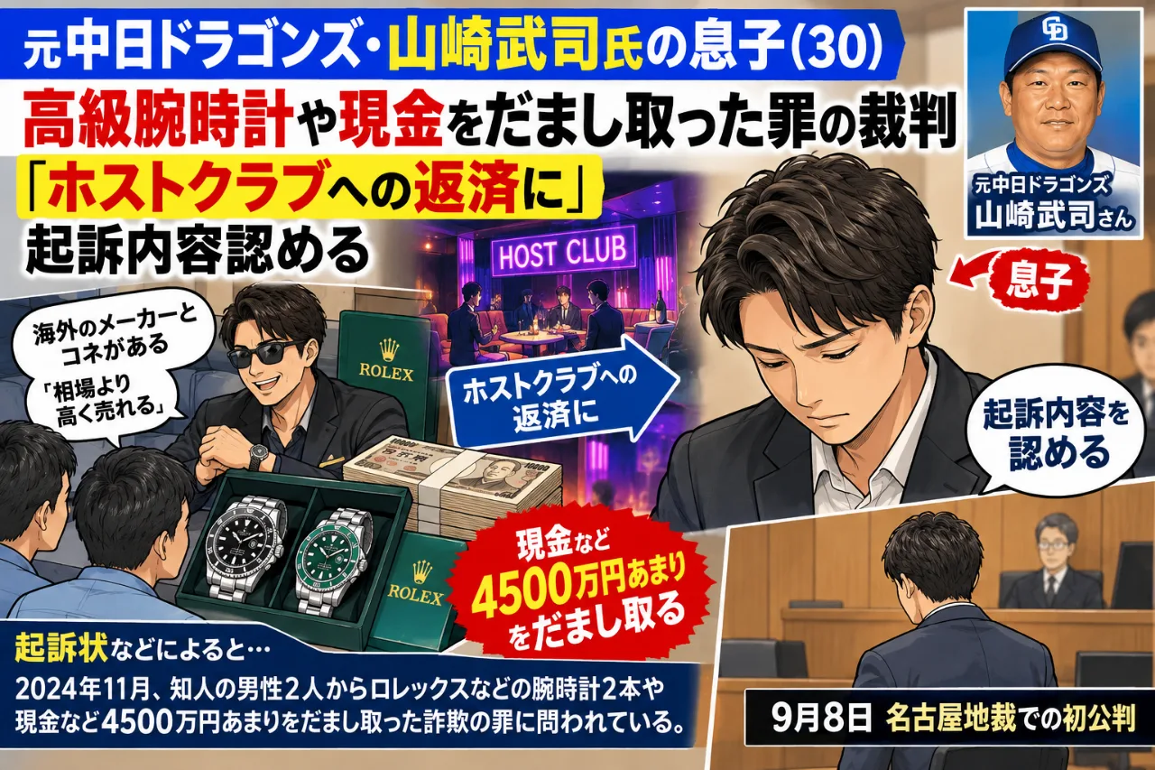 【また野球関連の犯罪…】⌚💰「相場より高く売れる」高級腕時計など4500万円超を詐取…元中日・山﨑武司氏の息子、起訴内容認める⚖️のサムネイル