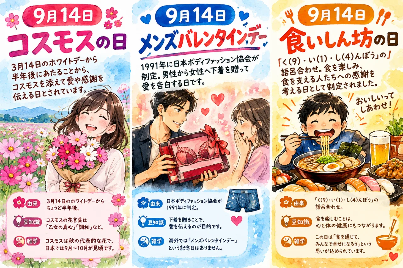 【9月14日は何の日？】🌸コスモスの日👔メンズバレンタインデー🍜食いしん坊の日のサムネイル