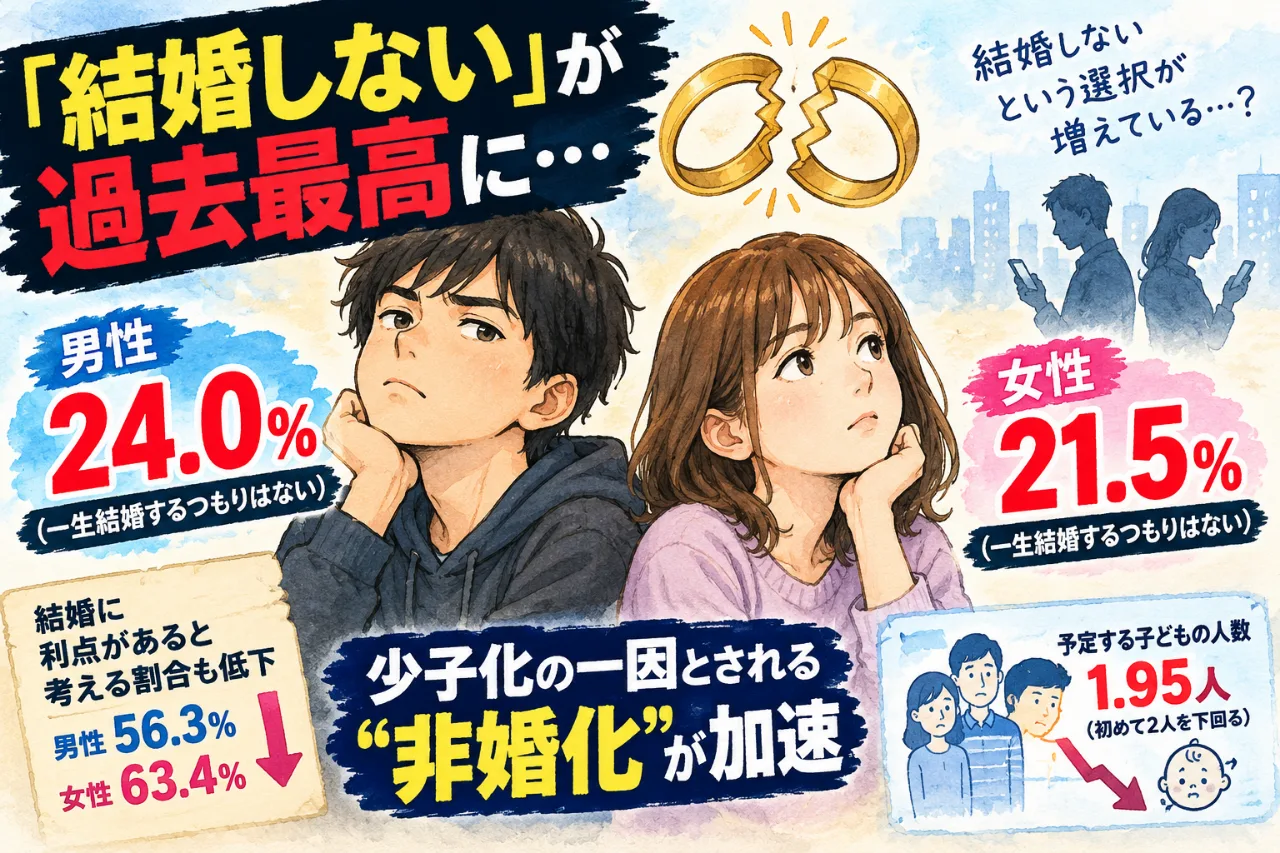 😱「結婚する気ゼロ」が過去最高！💍 男性24％・女性21.5％…日本の“結婚離れ”が止まらないのサムネイル
