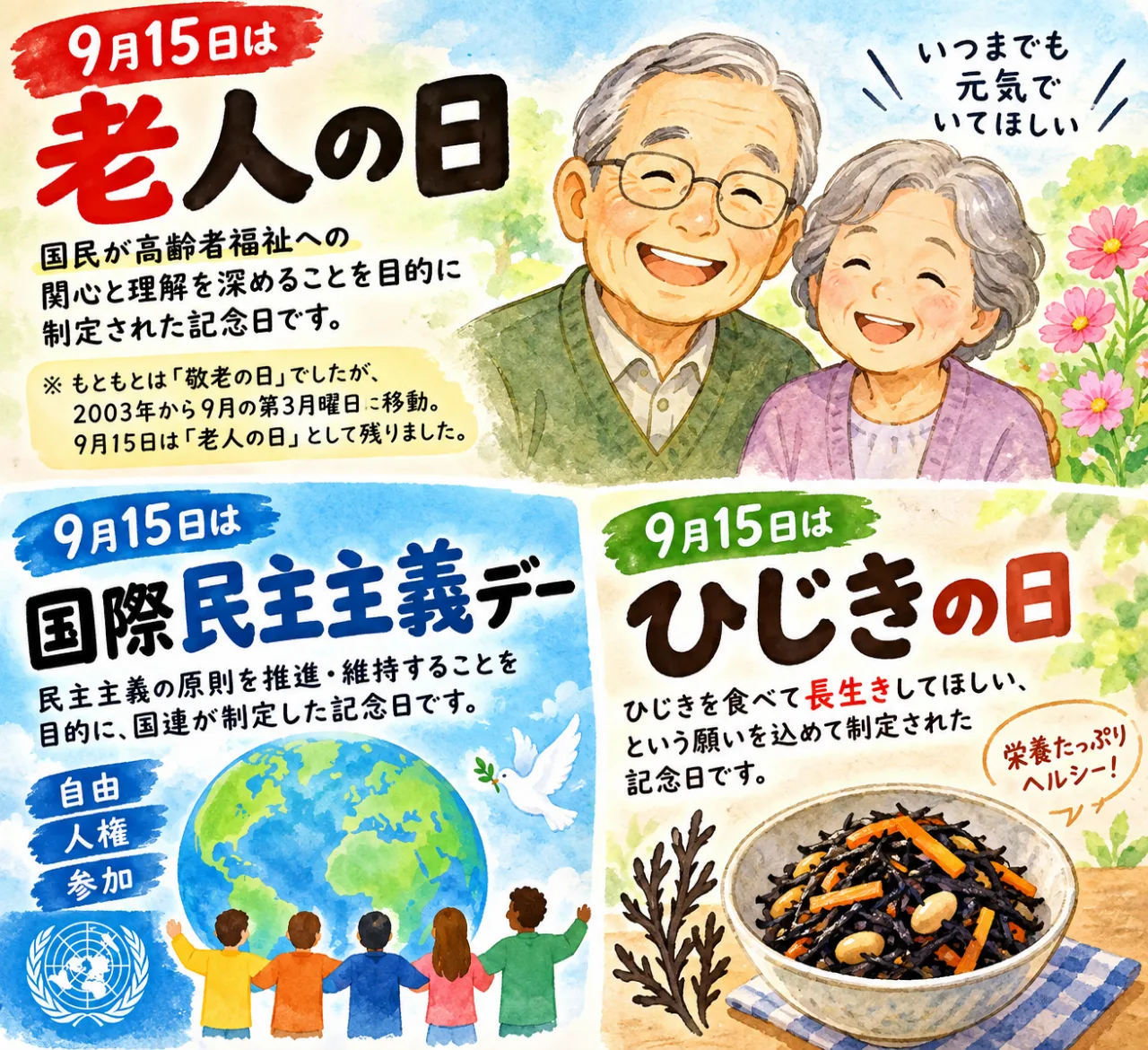 【9月15日は何の日？】👴老人の日🌍国際民主主義デー🥢ひじきの日のサムネイル