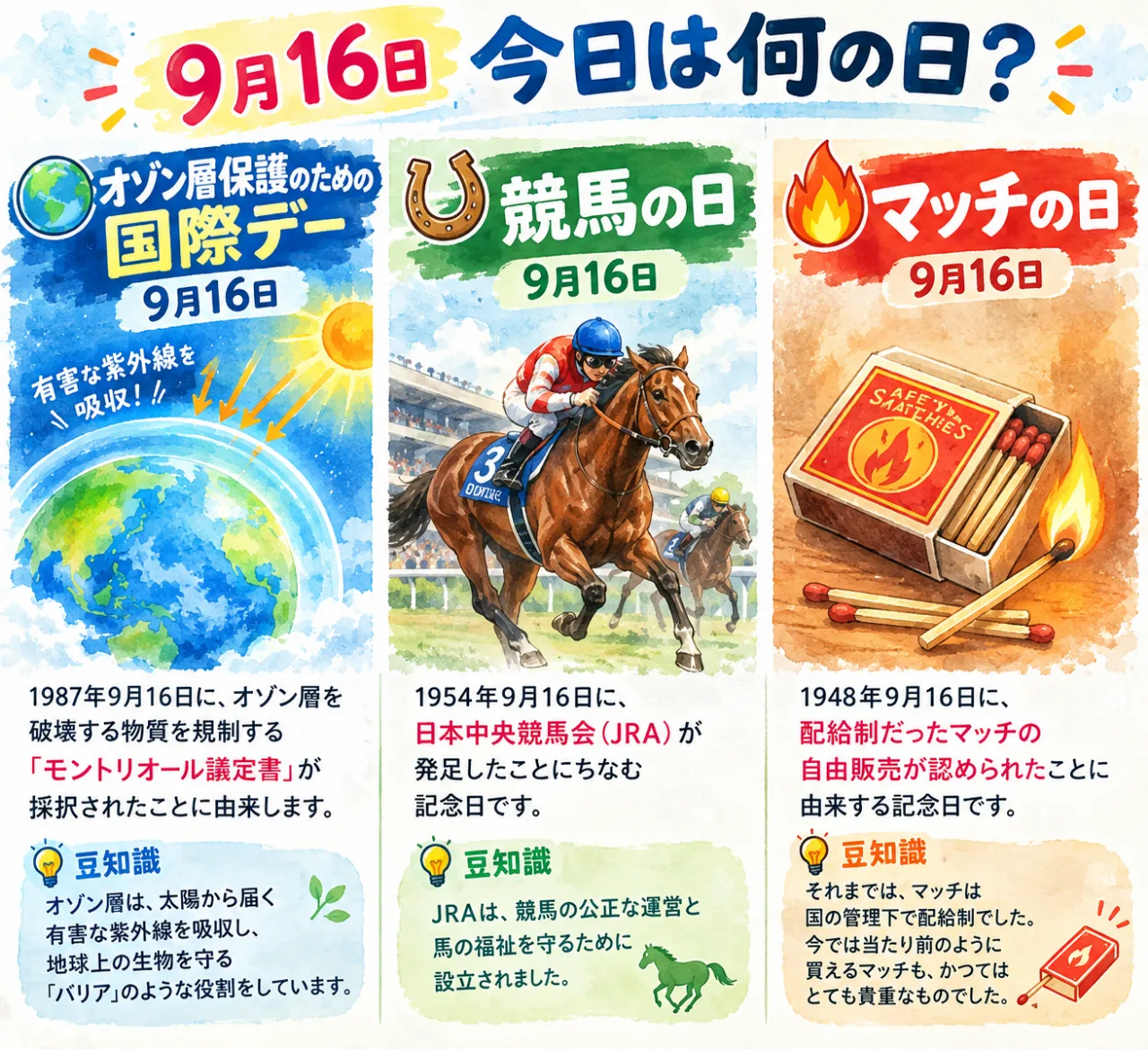 【9月16日は何の日？】🌎オゾン層保護のための国際デー🏇競馬の日🔥マッチの日のサムネイル