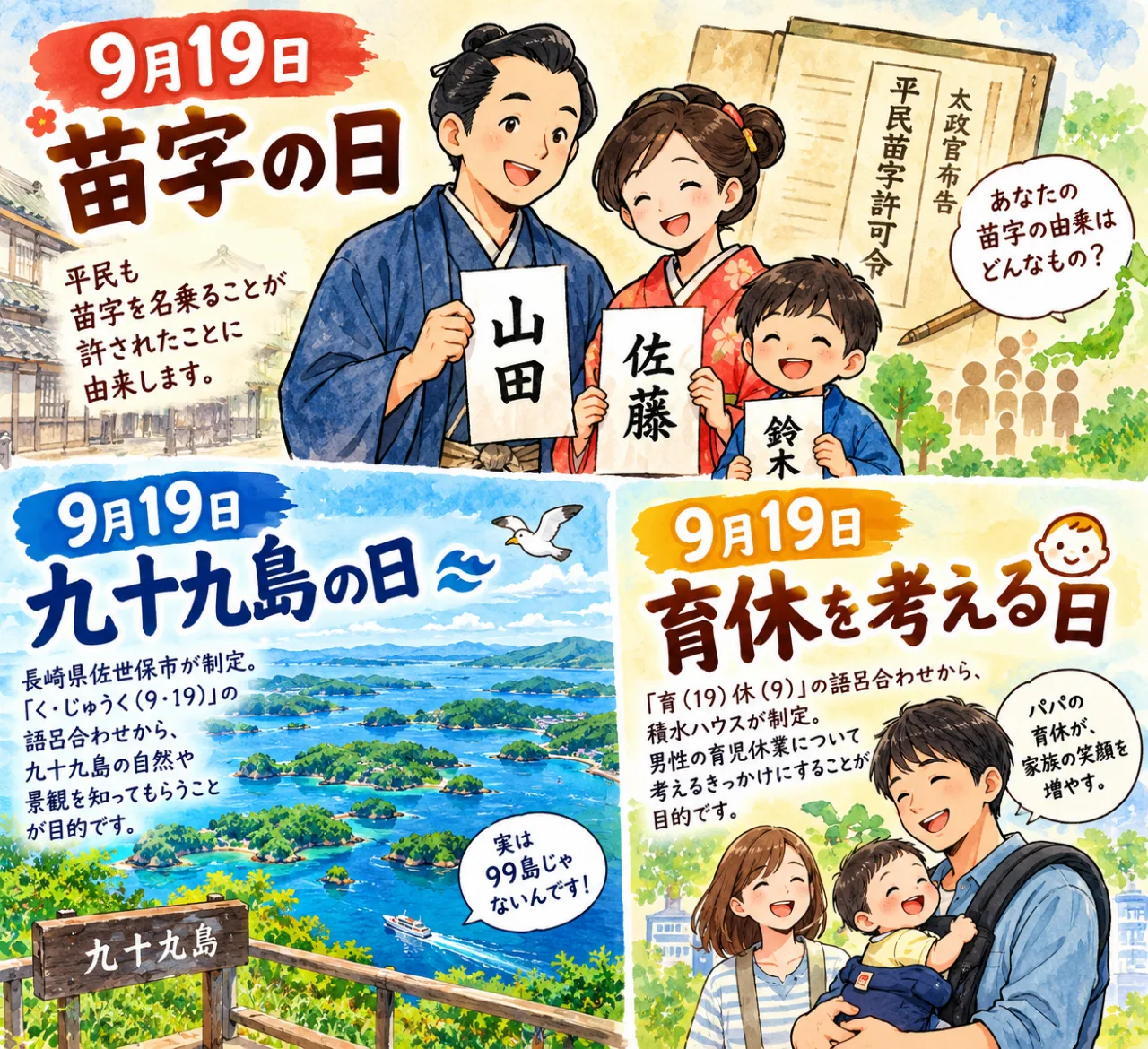 【9月19日は何の日？】👨‍👩‍👧‍👦苗字の日🌊九十九島の日👶育休を考える日のサムネイル