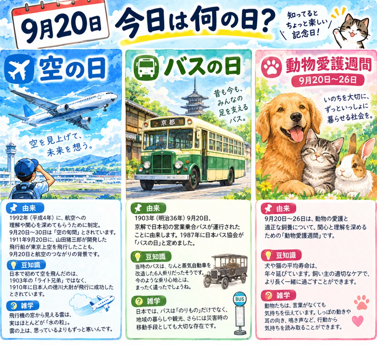 【9月20日は何の日？】✈️空の日🚌バスの日🐕動物愛護週間のサムネイル