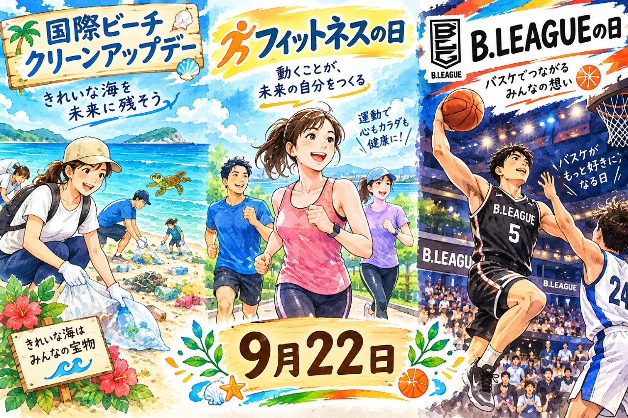 【9月22日は何の日？】🏖️国際ビーチクリーンアップデー🏃フィットネスの日🏀B.LEAGUEの日のサムネイル
