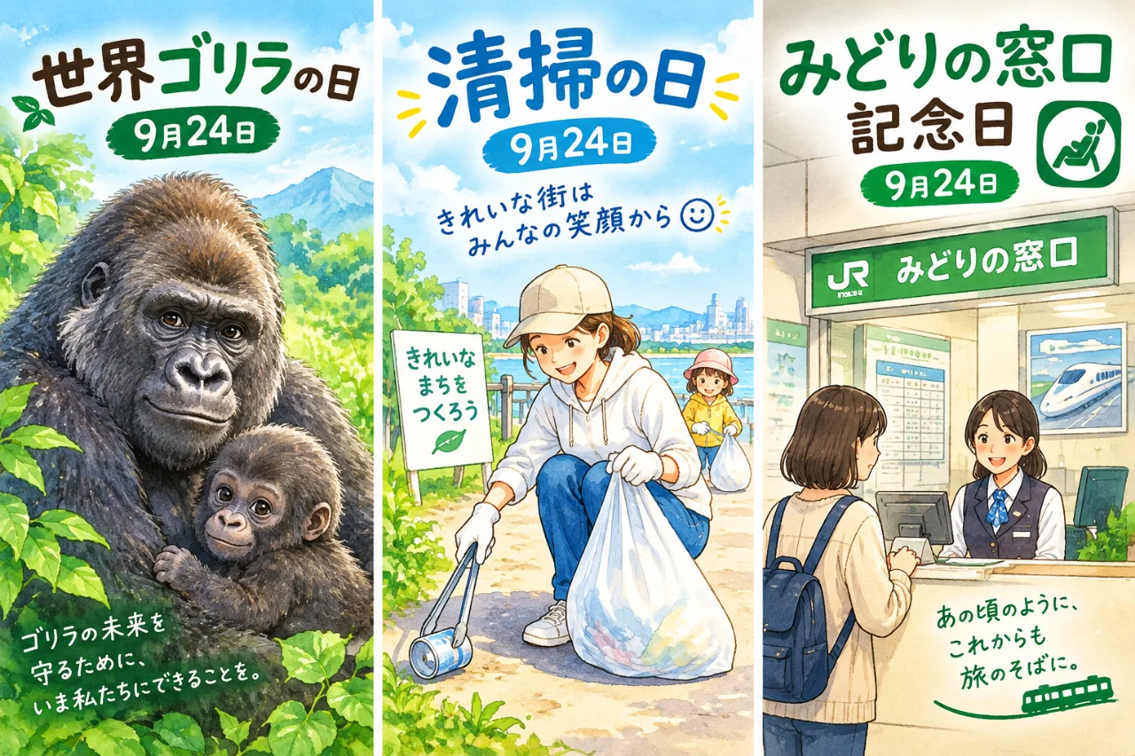 【9月24日は何の日？】🦍世界ゴリラの日🧹清掃の日🚃みどりの窓口記念日のサムネイル