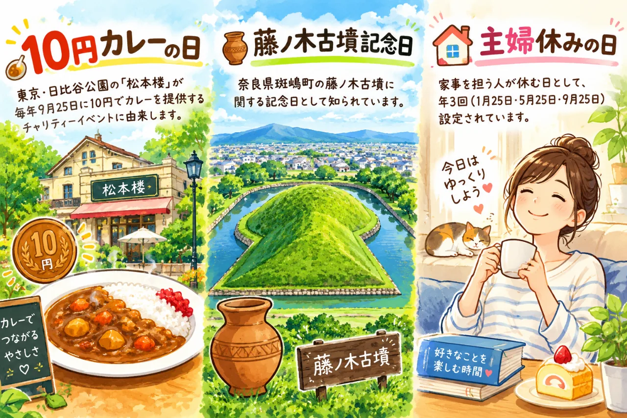 【9月25日は何の日？】🍛10円カレーの日🏺藤ノ木古墳記念日🏠主婦休みの日のサムネイル