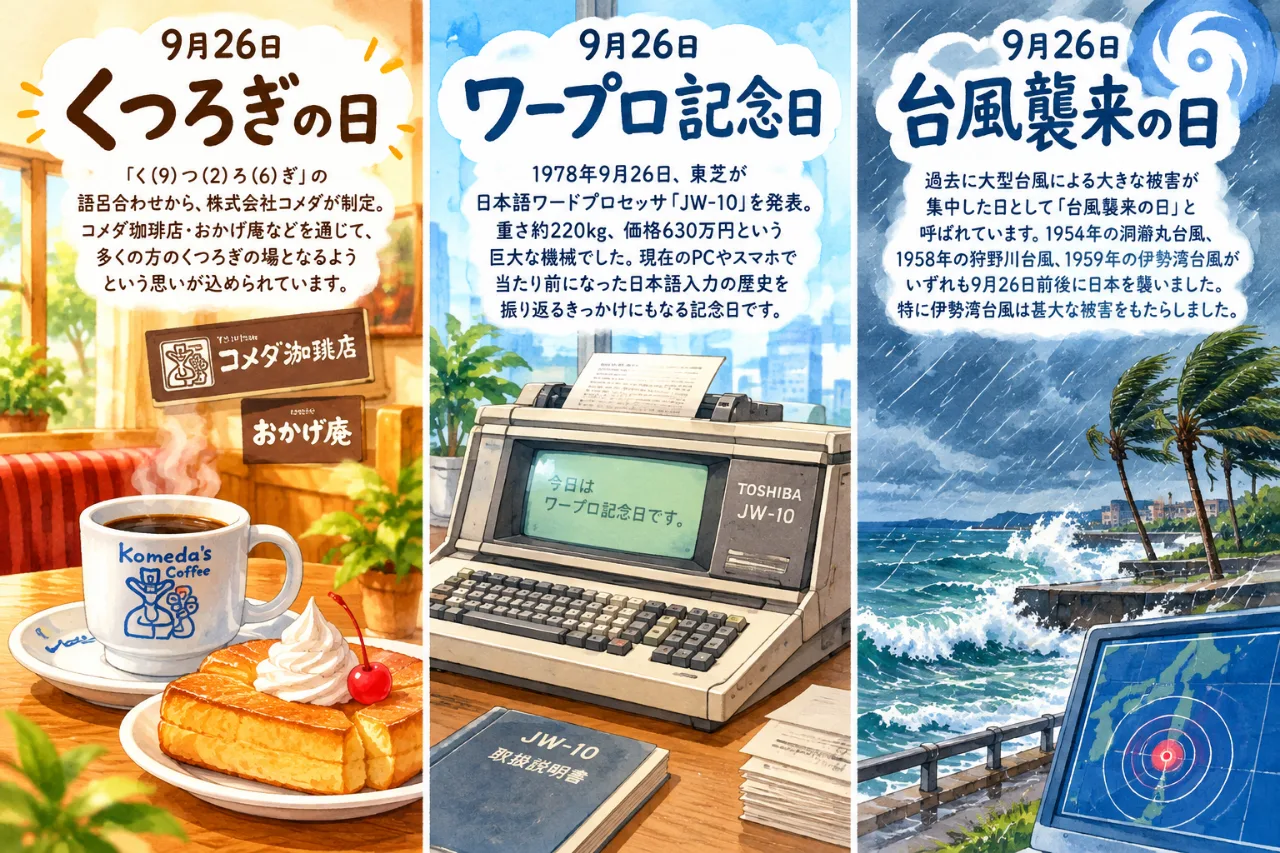 【9月26日は何の日？】☕くつろぎの日💻ワープロ記念日🌀台風襲来の日のサムネイル