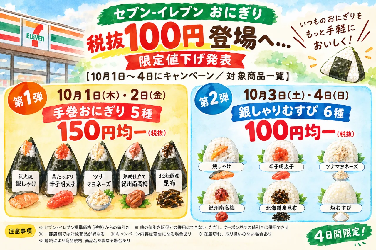 【俺たちのセブンがやりやがった！】🍙セブン「おにぎり」が最大68円引き！4日間限定で税抜100円も✨のサムネイル