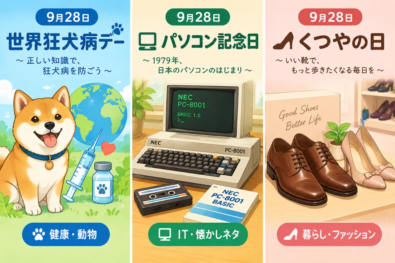 【9月28日は何の日？】🐕世界狂犬病デー💻パソコン記念日👞くつやの日のサムネイル