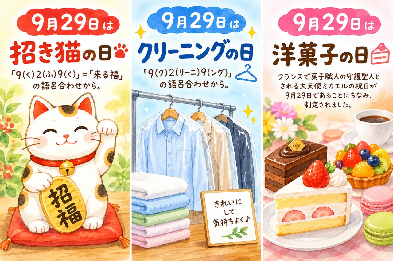 【9月29日は何の日？】😺招き猫の日🧺クリーニングの日🍰洋菓子の日のサムネイル