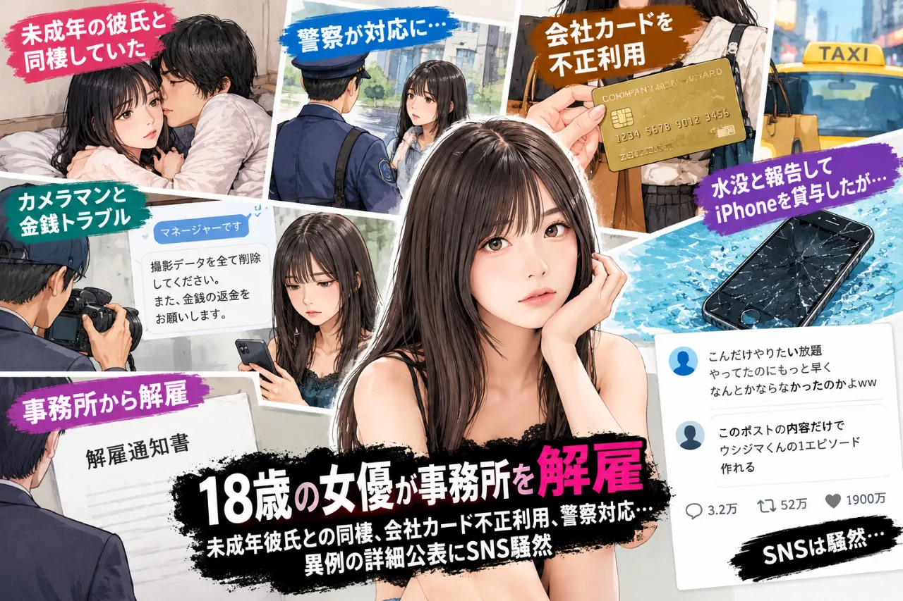 🚨「ウシジマくんの1話かよ！」18歳女優・未成年彼氏との同棲→会社カード不正利用→警察対応でまさかの解雇のサムネイル