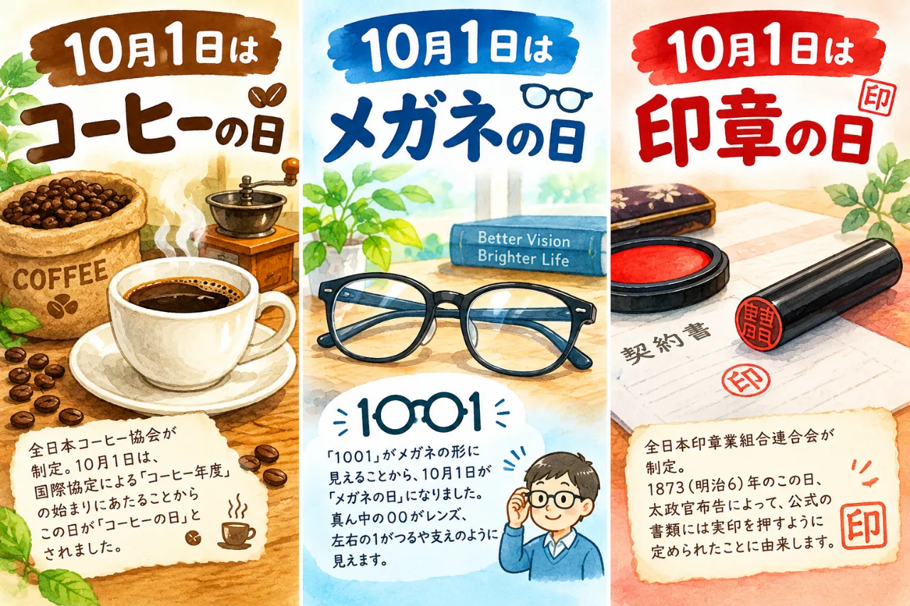【10月1日は何の日？】☕コーヒーの日👓メガネの日🔴印章の日のサムネイル
