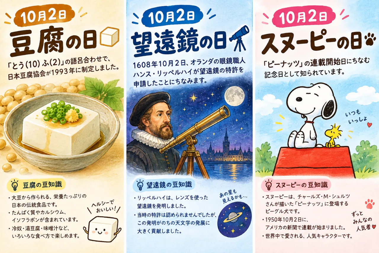【10月2日は何の日？】🫘豆腐の日🔭望遠鏡の日🐶スヌーピーの日のサムネイル